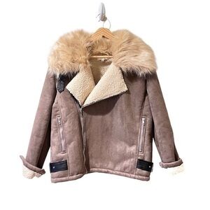 JCL moto faux suede bomber jacket tan light brown teddy sherpa size M